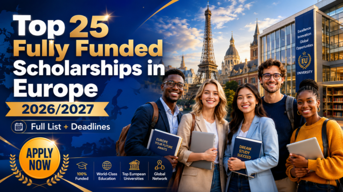 Top 25 Fully Funded Scholarships in Europe 2026:2027 (Full List + Deadlines)Apply Now Top 25 Fully Funded Scholarships in Europe 2026/2027 (Full List + Deadlines)Apply Now